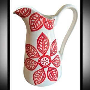 Large Farval Ceramic Pitcher Jug Hand Painted Red Flowers Portugal 11.5in Tall